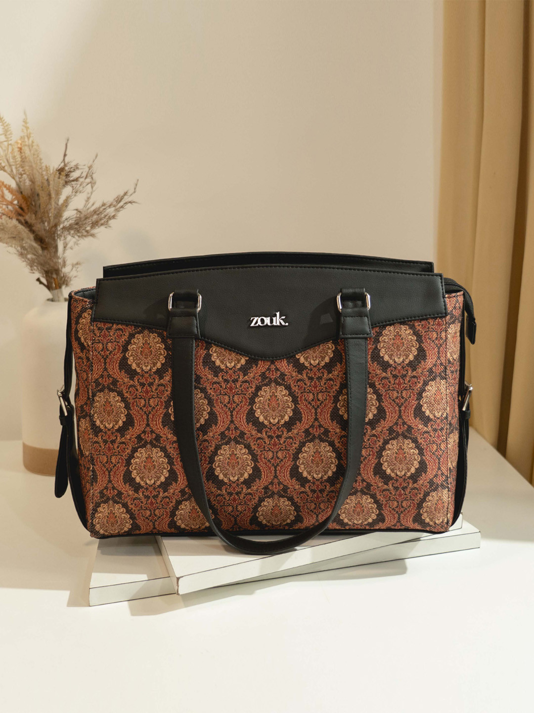 ZOUK Jodhpur Damask Printed Structured Jute Handheld Bag Up to 14 inch