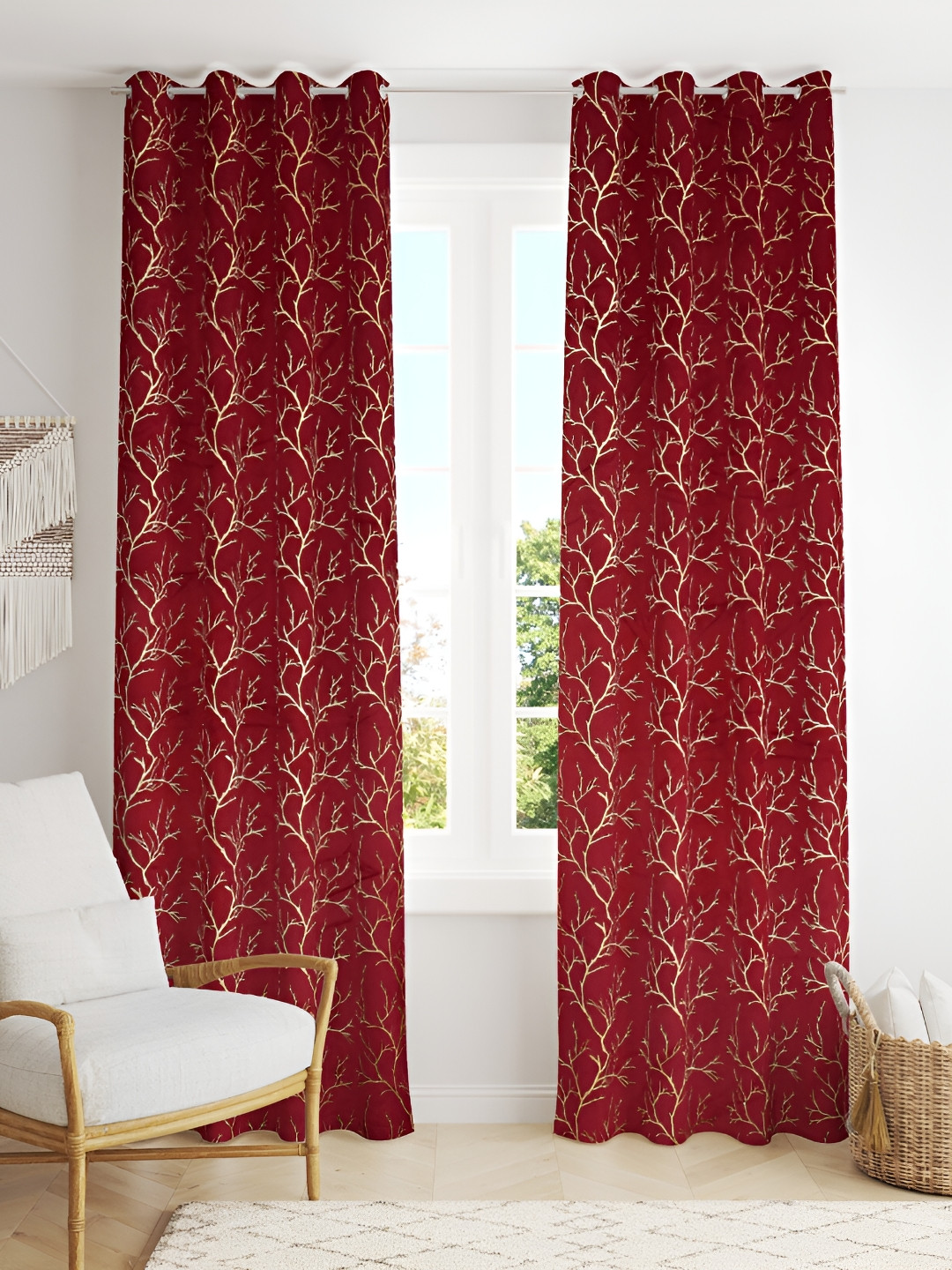 Aura Maroon & Gold Toned 2 Pieces Printed Velvet Room Darkening Door Curtains