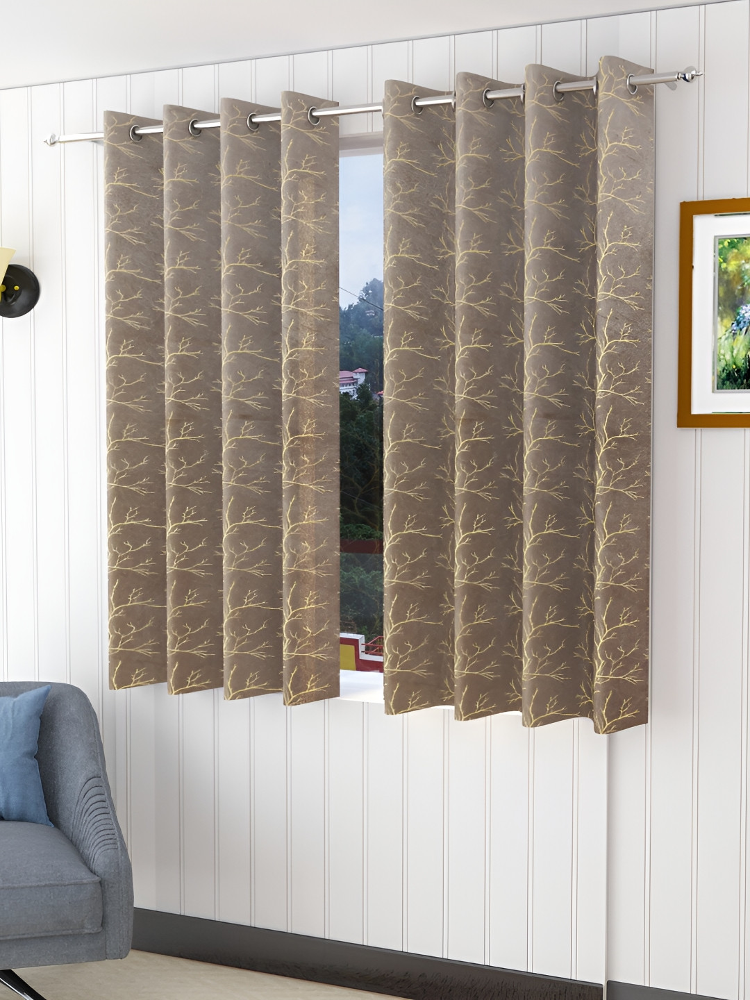 Aura Grey Melange & Beige 2 Pcs Velvet Floral Room Darkening Window Curtains
