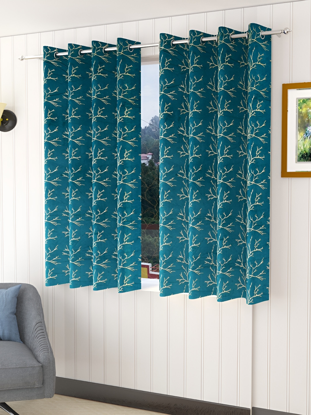 Aura Turquoise Blue & Gold-Toned 2 Pcs Velvet Floral Room Darkening Window Curtains