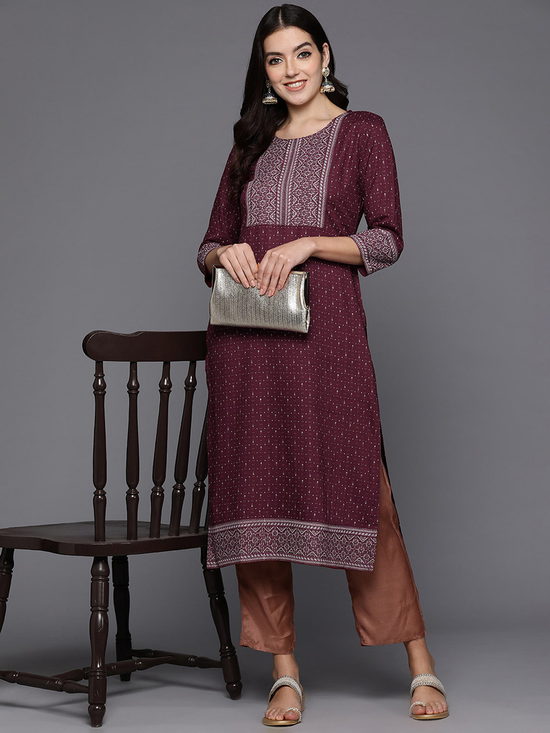 Anouk Maron Ethnic Motifs Printed Thread Work Detailed Straight Kurta