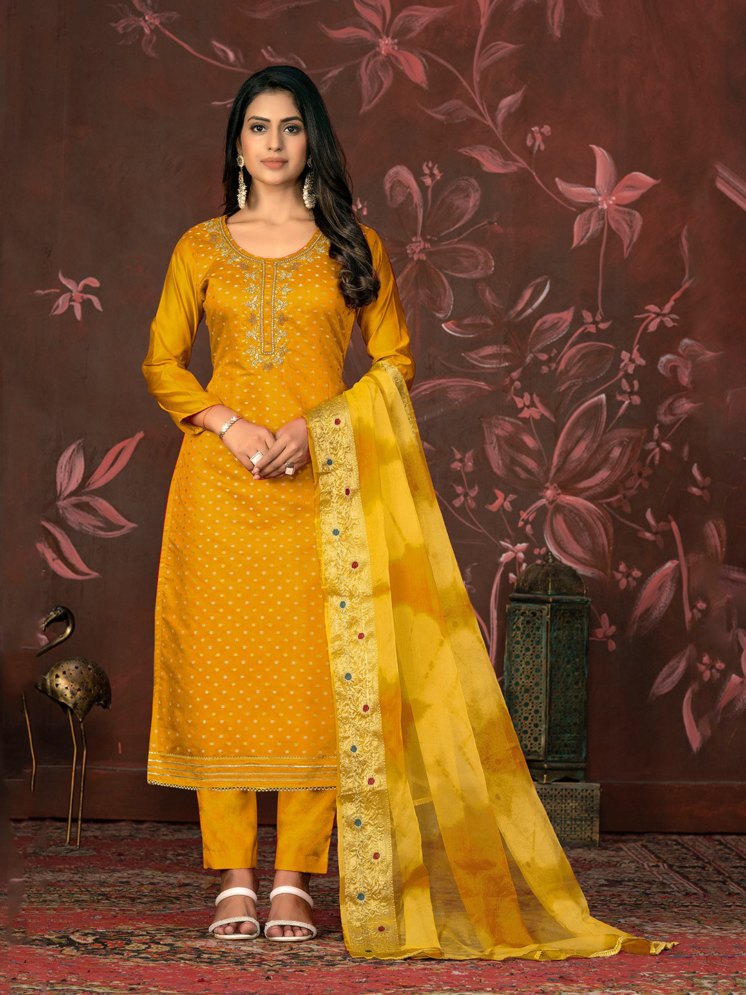 MANVAA Geometric Woven Design Beads & Stones Unstitched Dress Material
