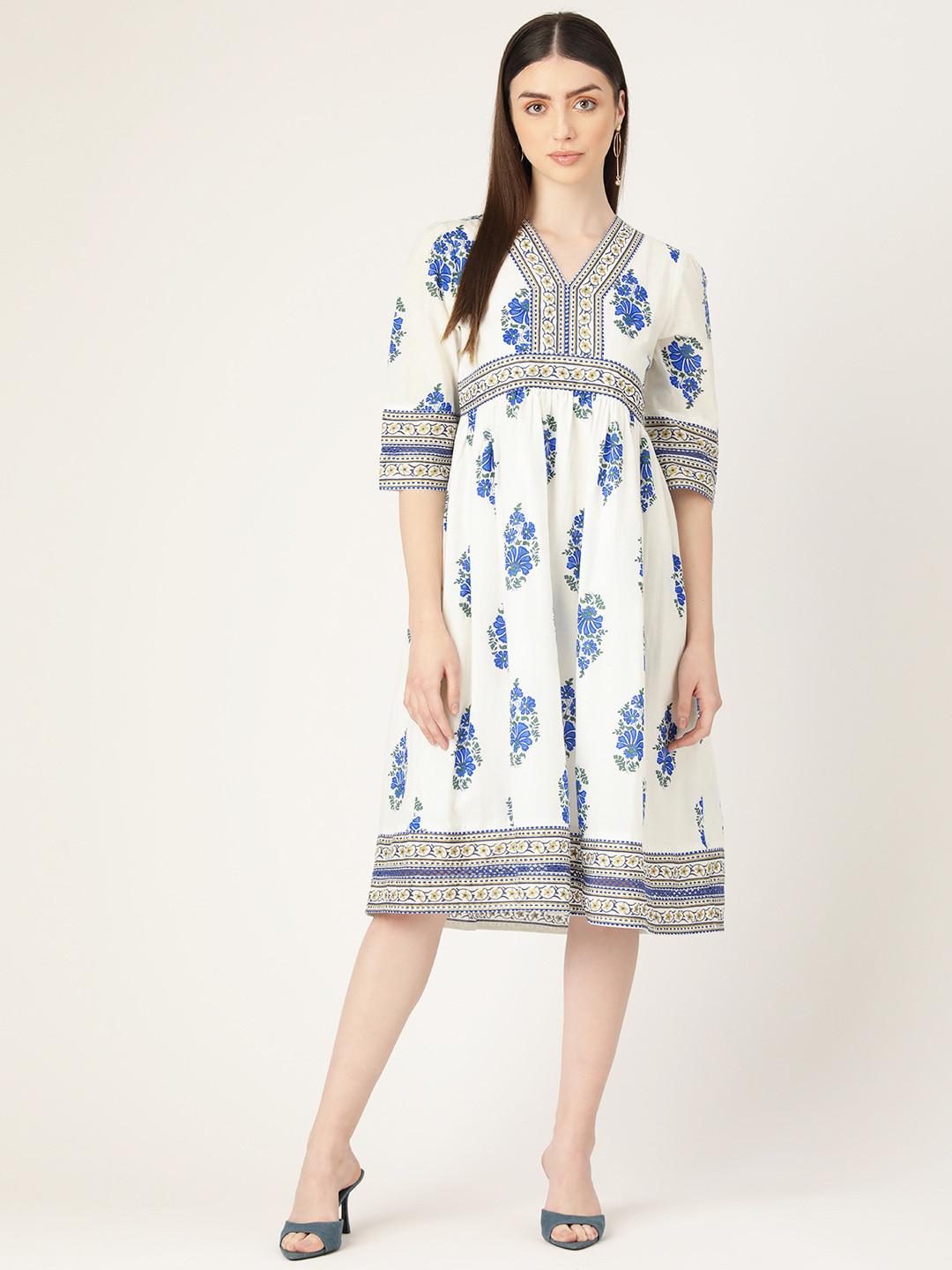 MISRI Floral Print A-Line Cotton Midi Dress