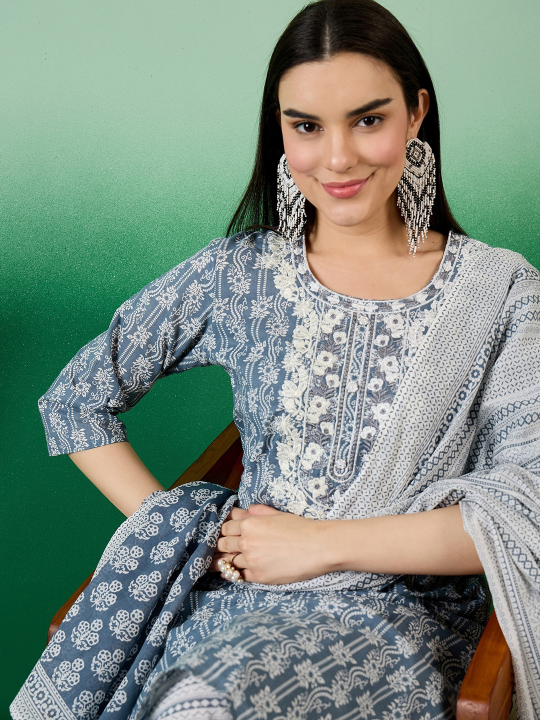 Sangria Blue Floral Printed Thread Work Pure Cotton Kurta With Trouser & Dupatta