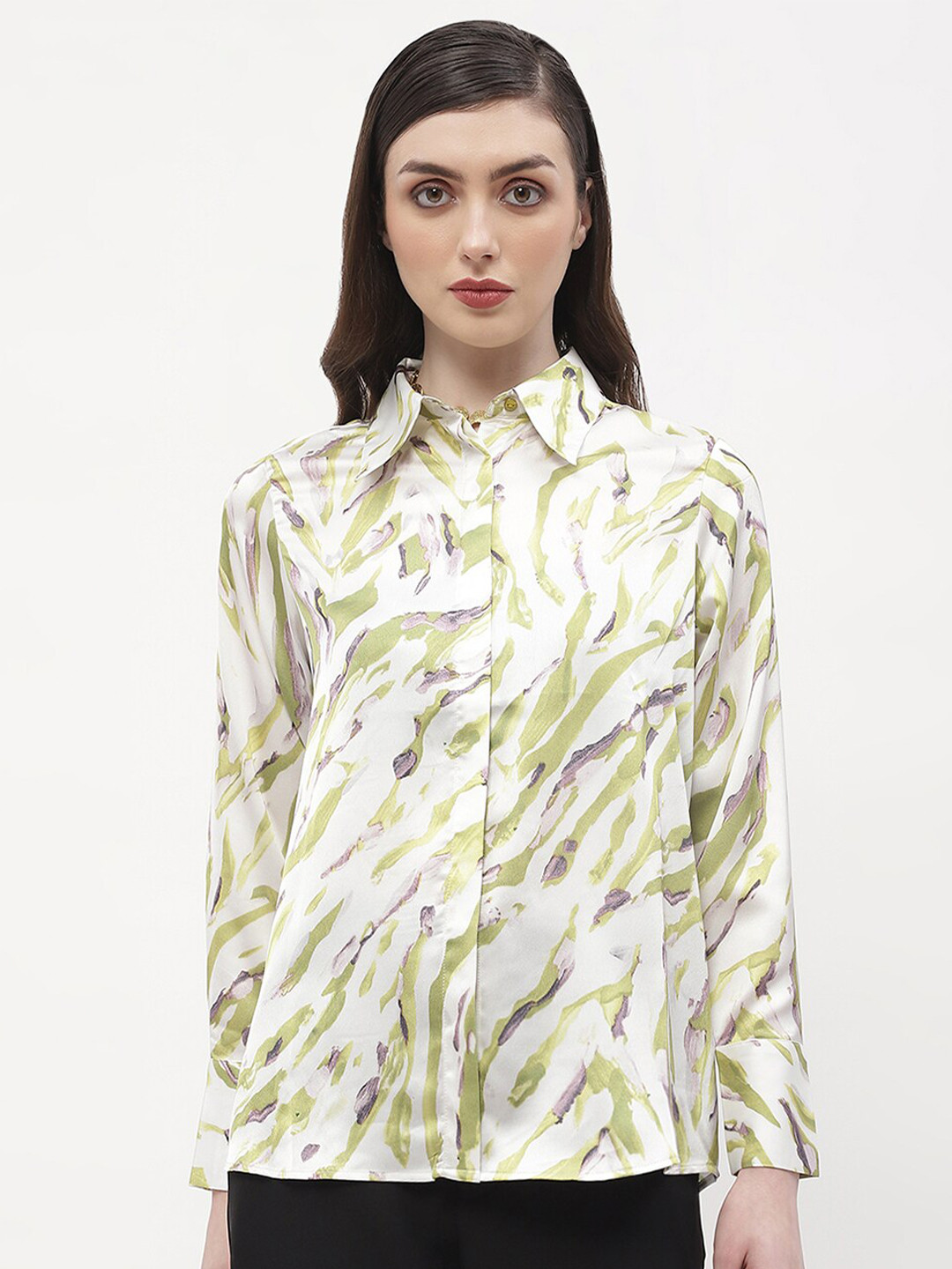 Madame Abstract Printed Long Sleeves High-Low Casual Shirt