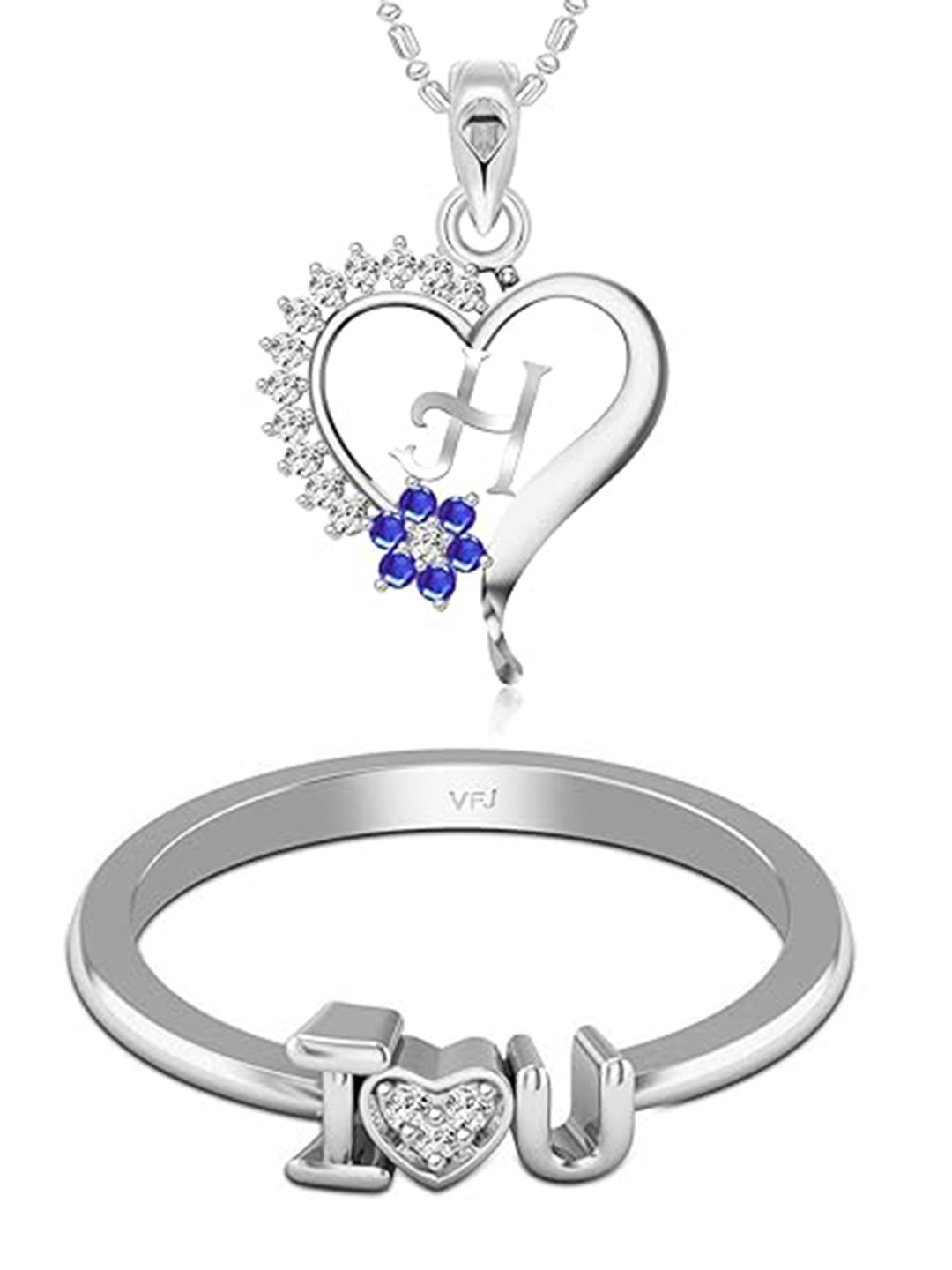 Vighnaharta Rhodium-Plated CZ-Studded Alphabet Heart Pendant With Chain & Finger Ring