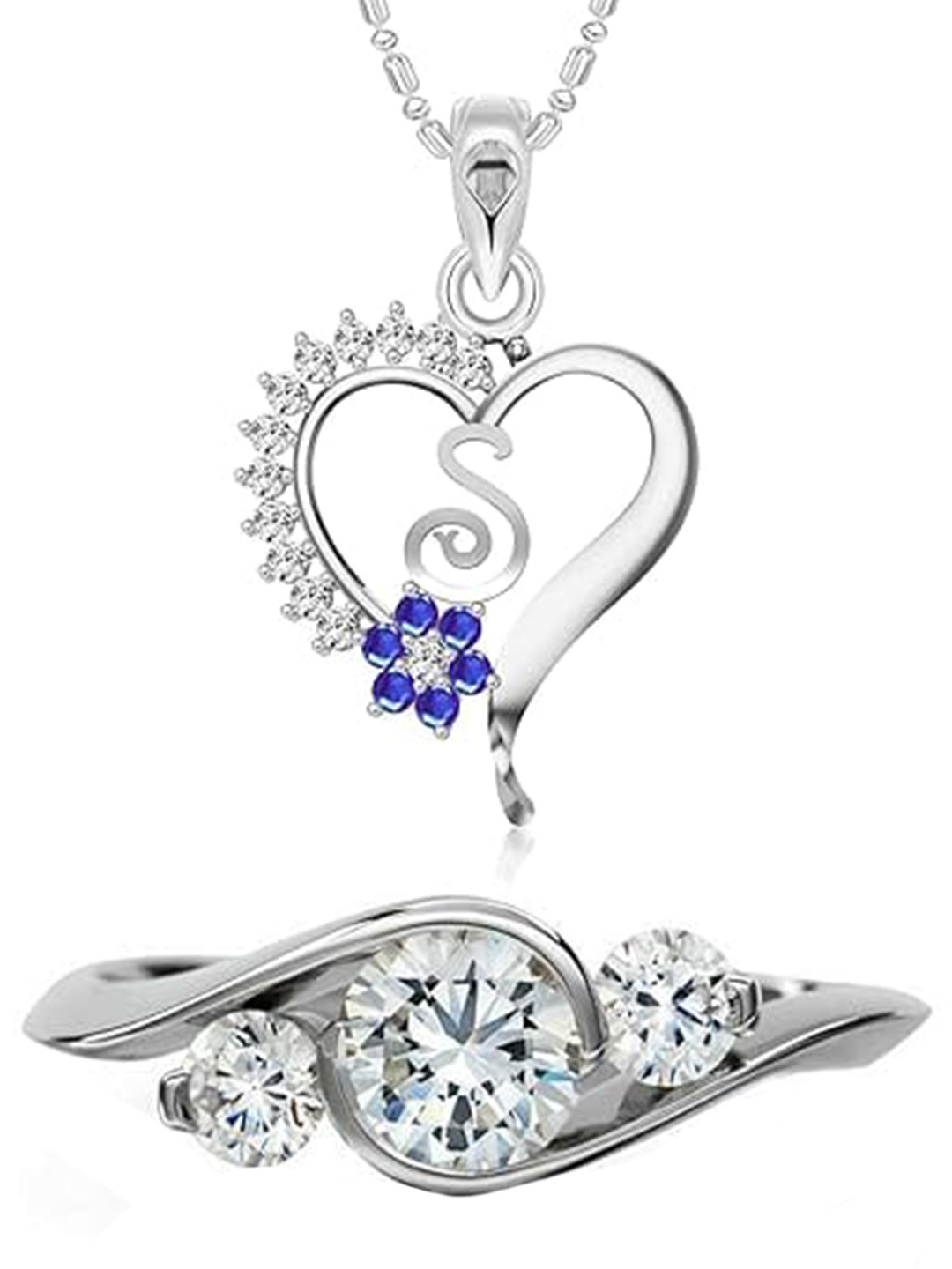 Vighnaharta Rhodium-Plated CZ-Studded Alphabet Heart Pendant With Chain & Finger Ring