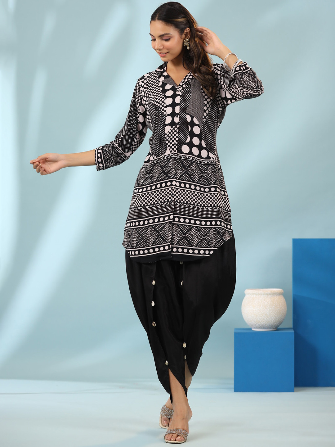 JISORA Printed Silk Kurta With Dhoti Pant