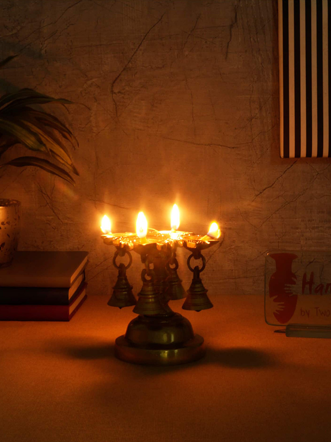 Two Moustaches Yellow 4 Oil Wick Brass Diya With Bells