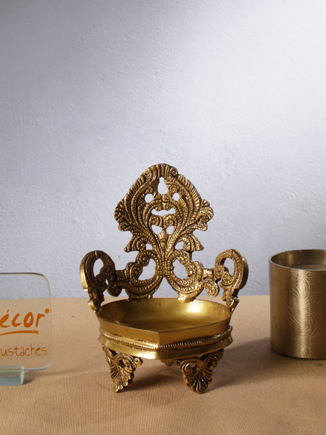 Two Moustaches Yellow Vintage Design Brass Carving Diya