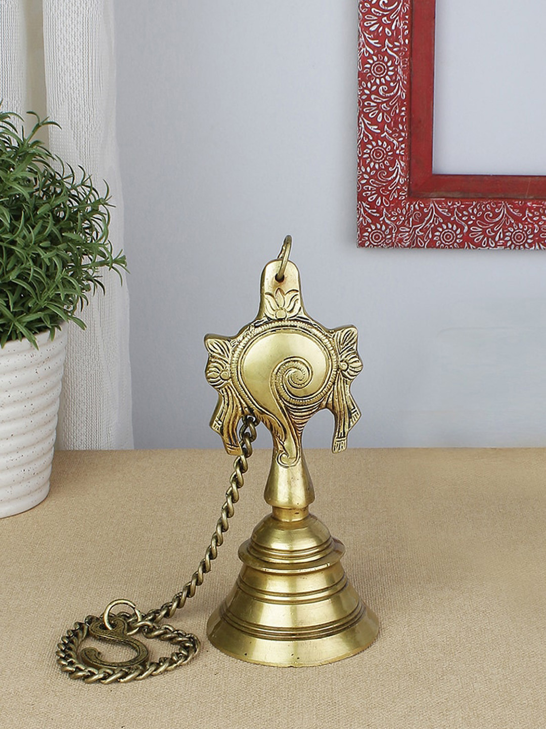 Two Moustaches Yellow Shankh Chakra Design Brass Hanging Bell