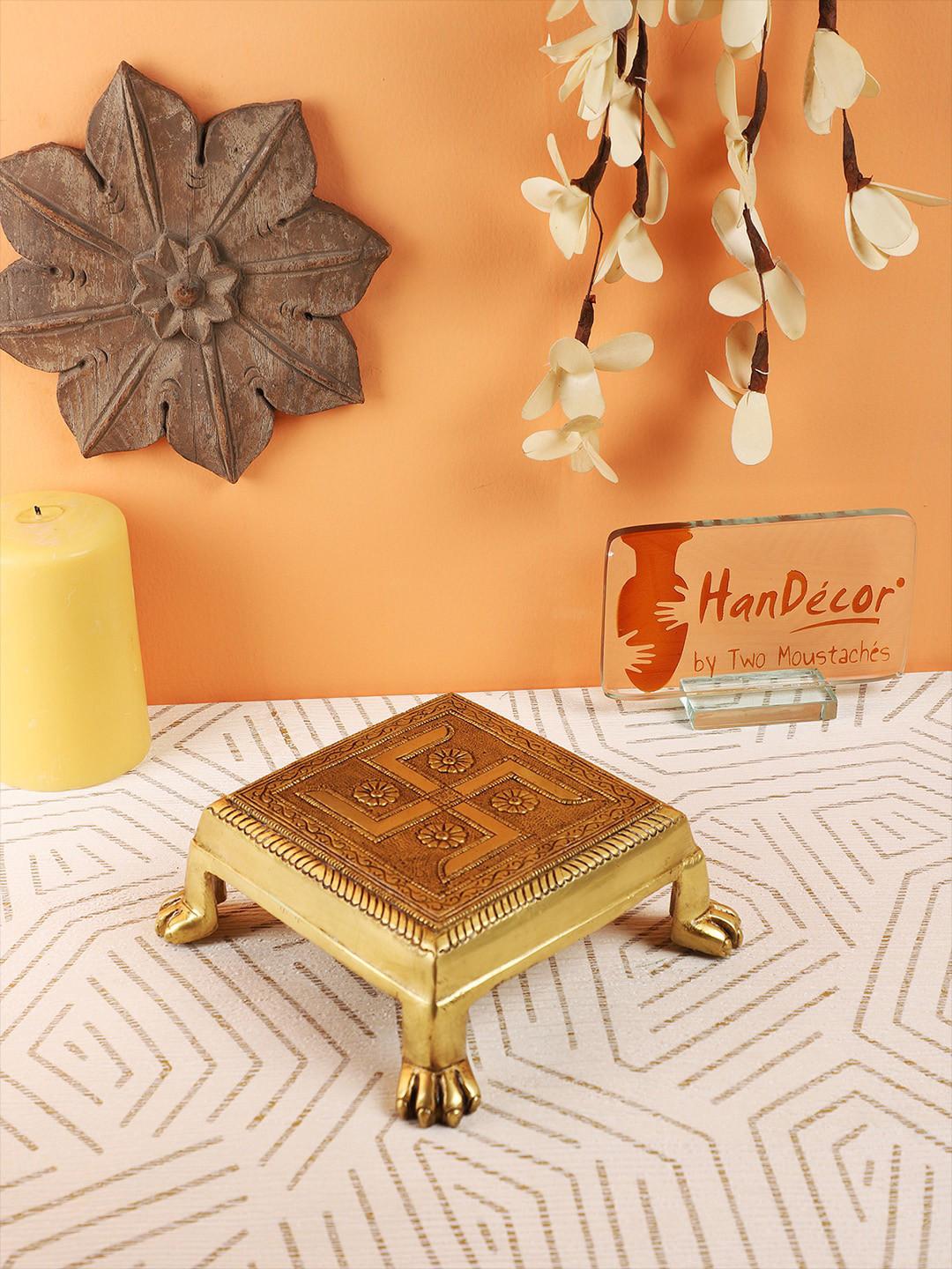 Two Moustaches Yellow Lion Pillar Design Swastika Engraved Chowki