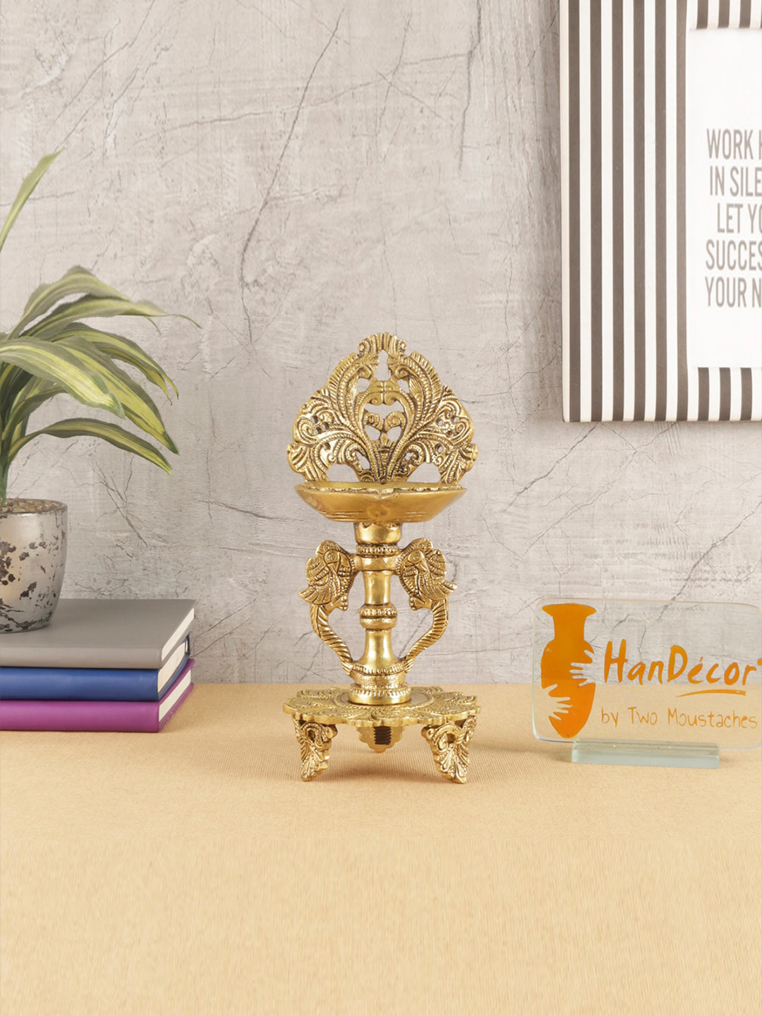 Two Moustaches Yellow Twin Peacock Design Brass Oil Diya