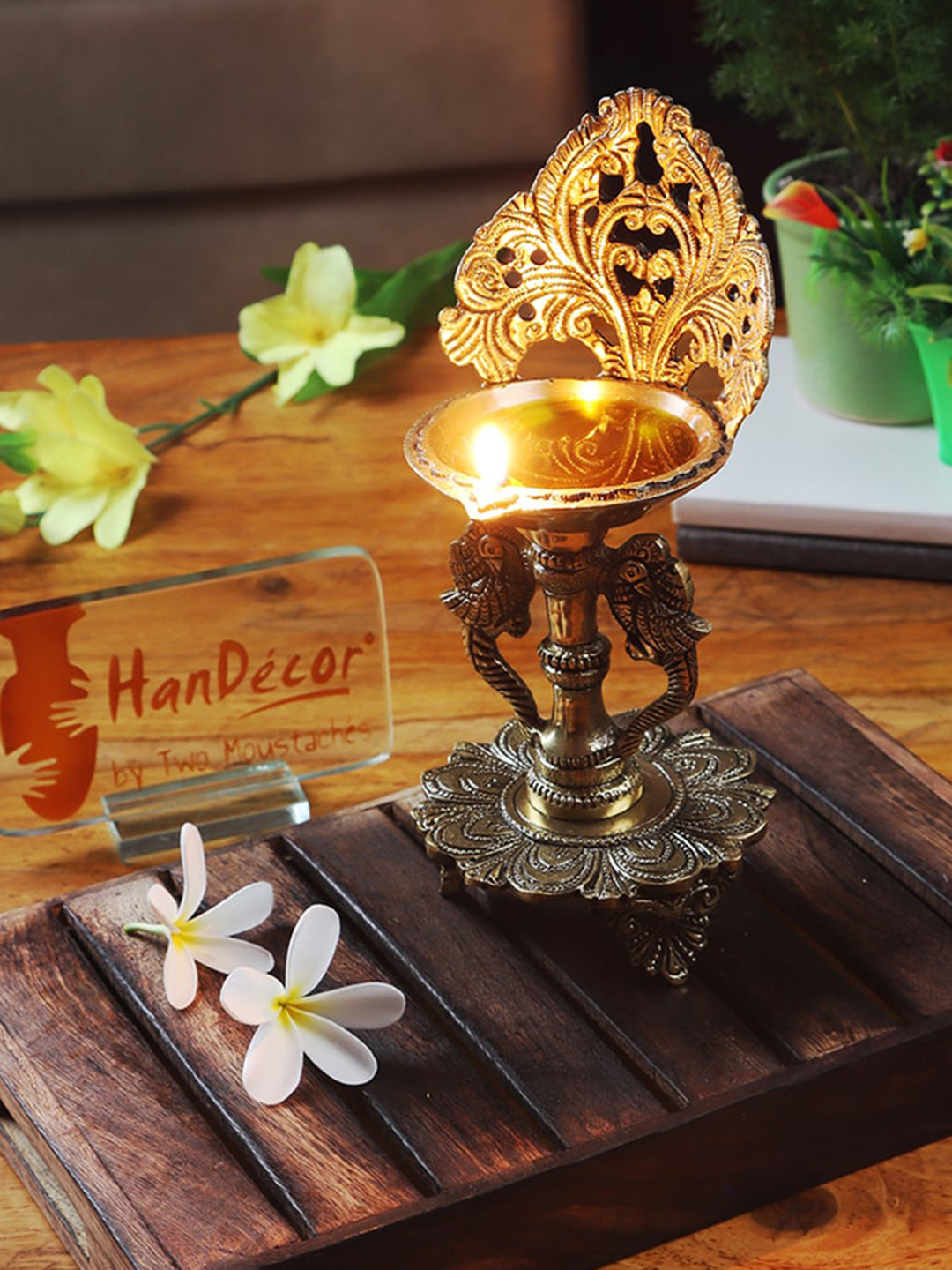 Two Moustaches Yellow Peacock Design Diya