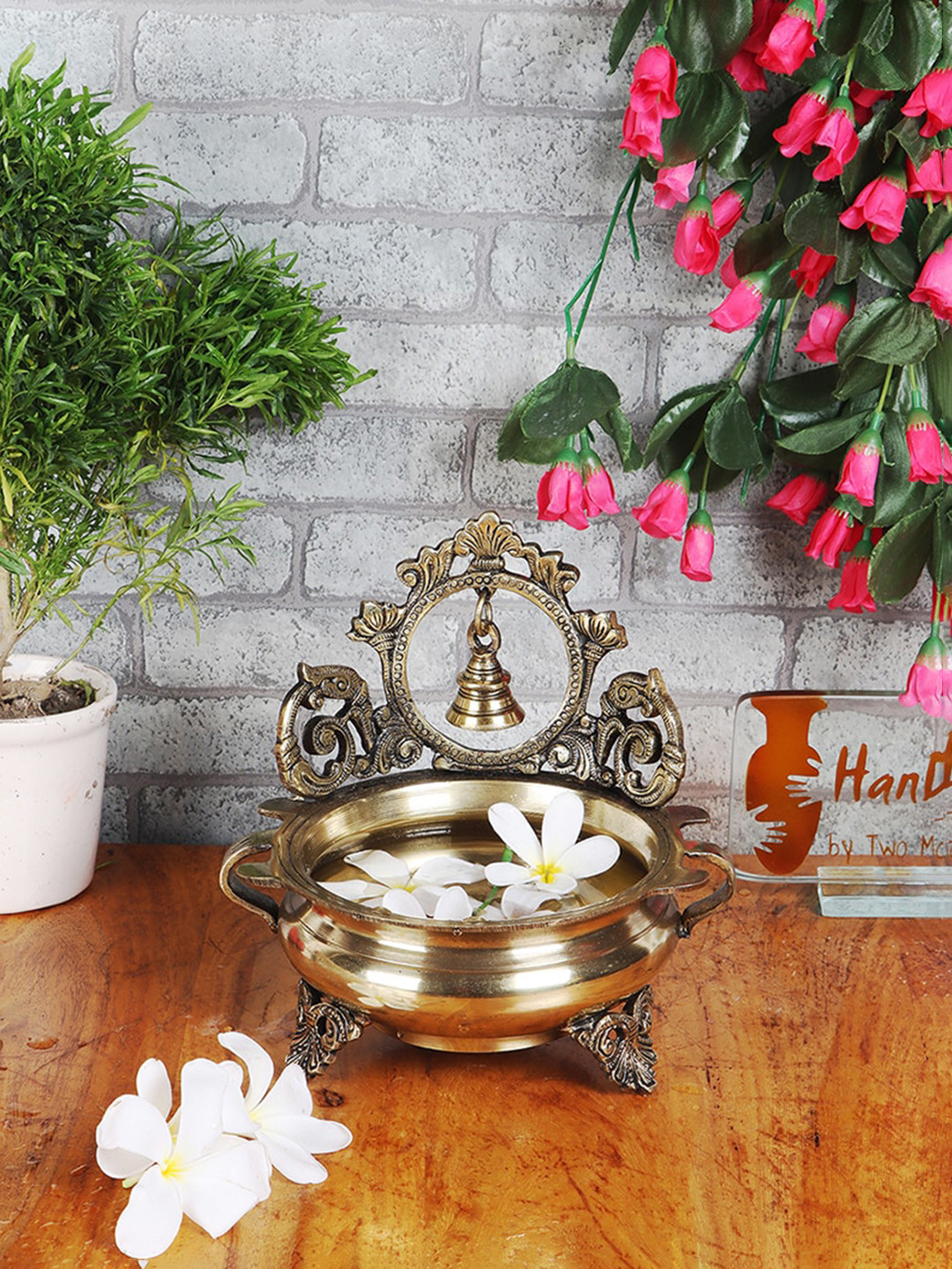 Two Moustaches Yellow Brass Decorative Bowl With Bell