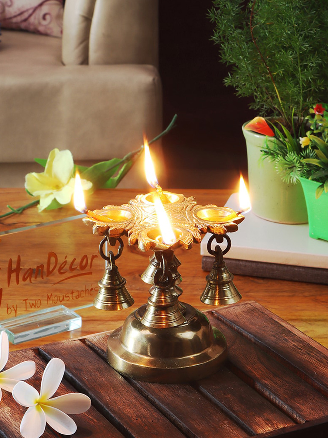 Two Moustaches Yellow 4 Oil Wick Brass Diya With Bells