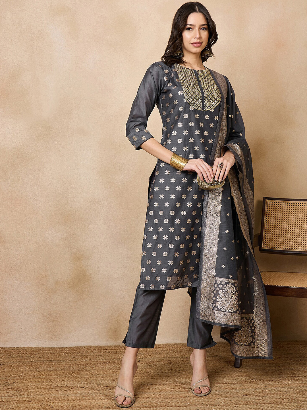 SERONA FABRICS Floral Embroidered Sequinned Chanderi Silk Kurta & Trousers With Dupatta