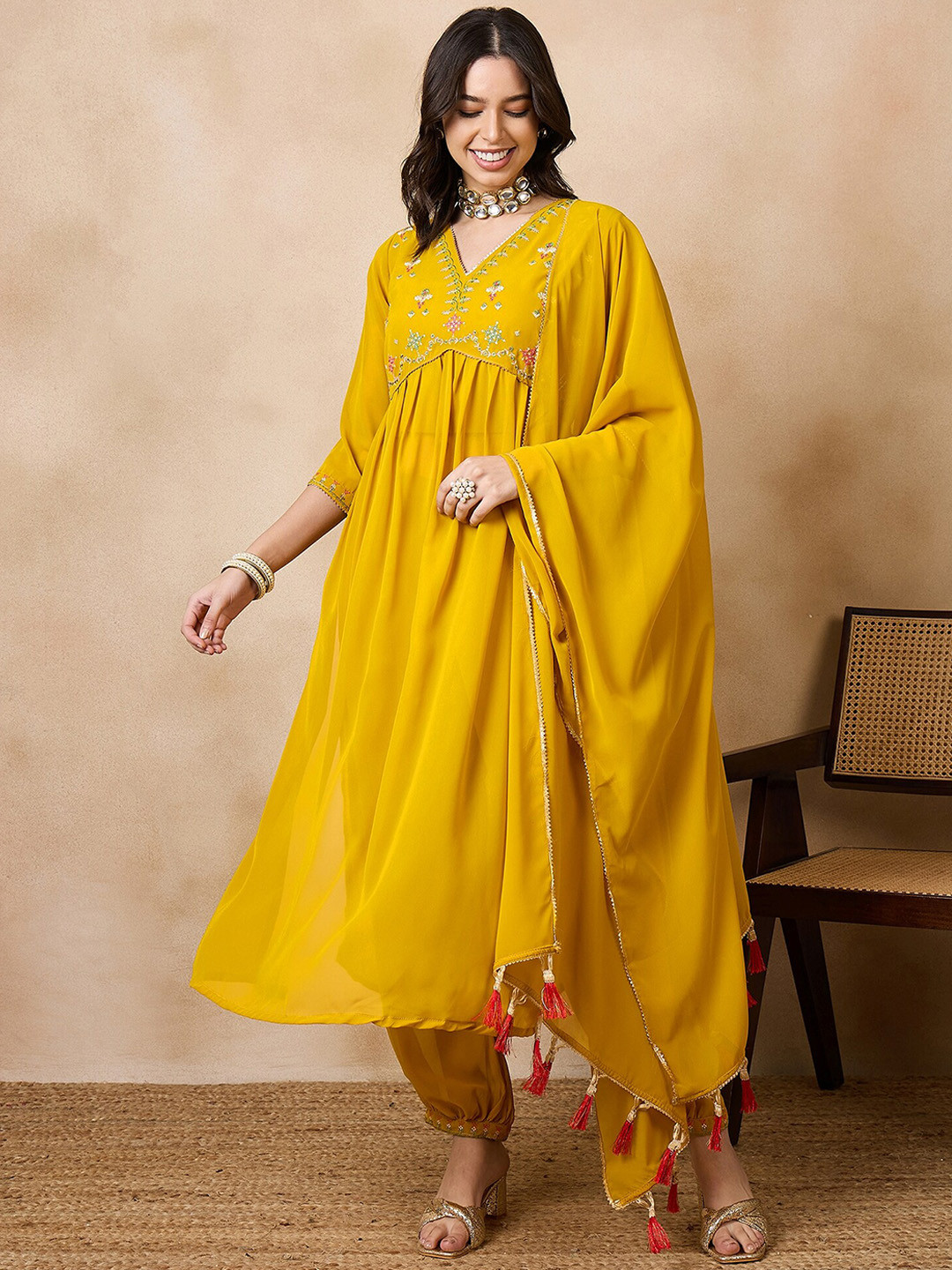 SERONA FABRICS Floral Yoke Design V-Neck Thread Work Anarkali Kurta With Trouser & Dupatta