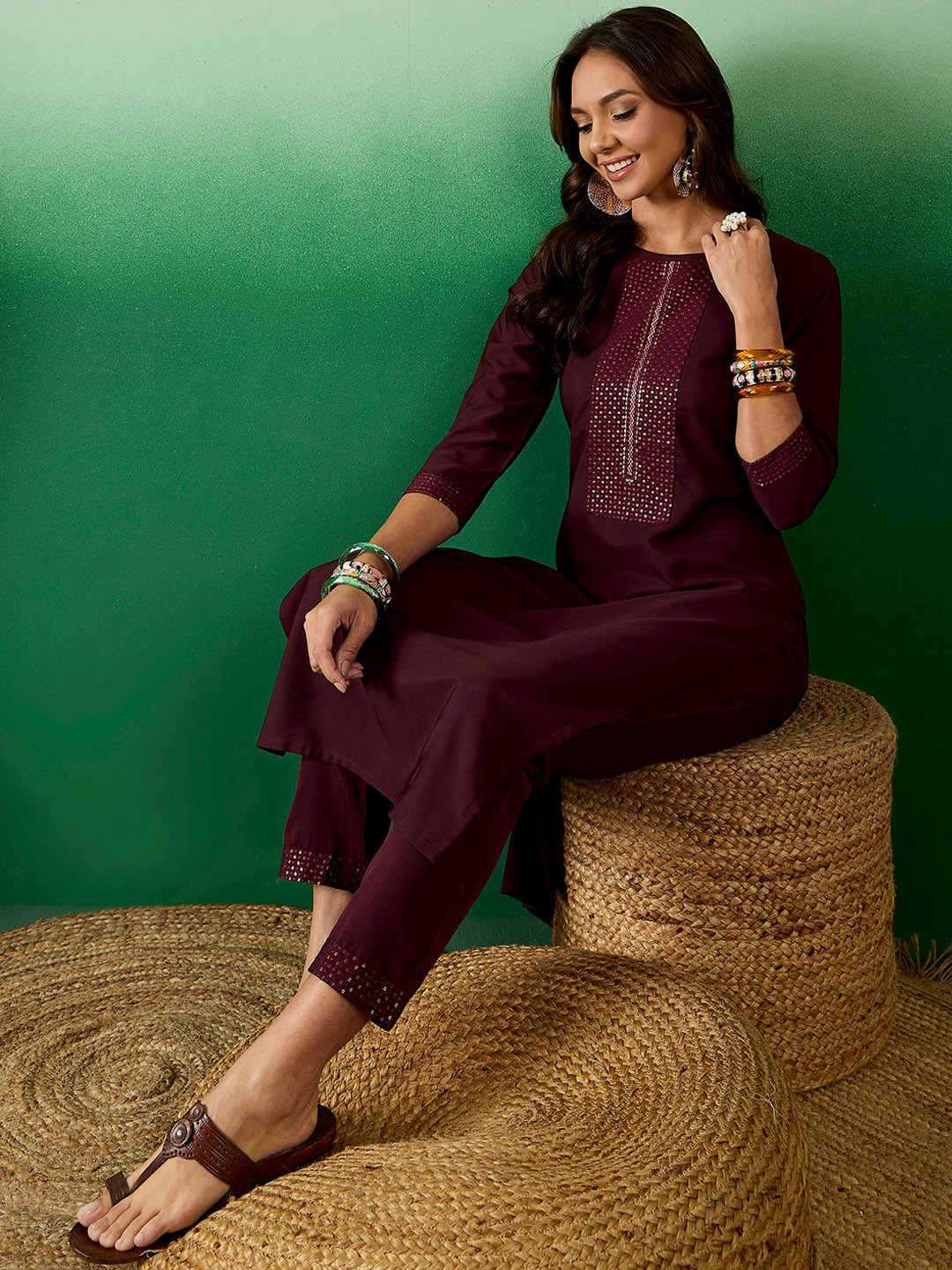 Sangria Maroon Sequence Yoke Design Round Neck Kurta With Trousers