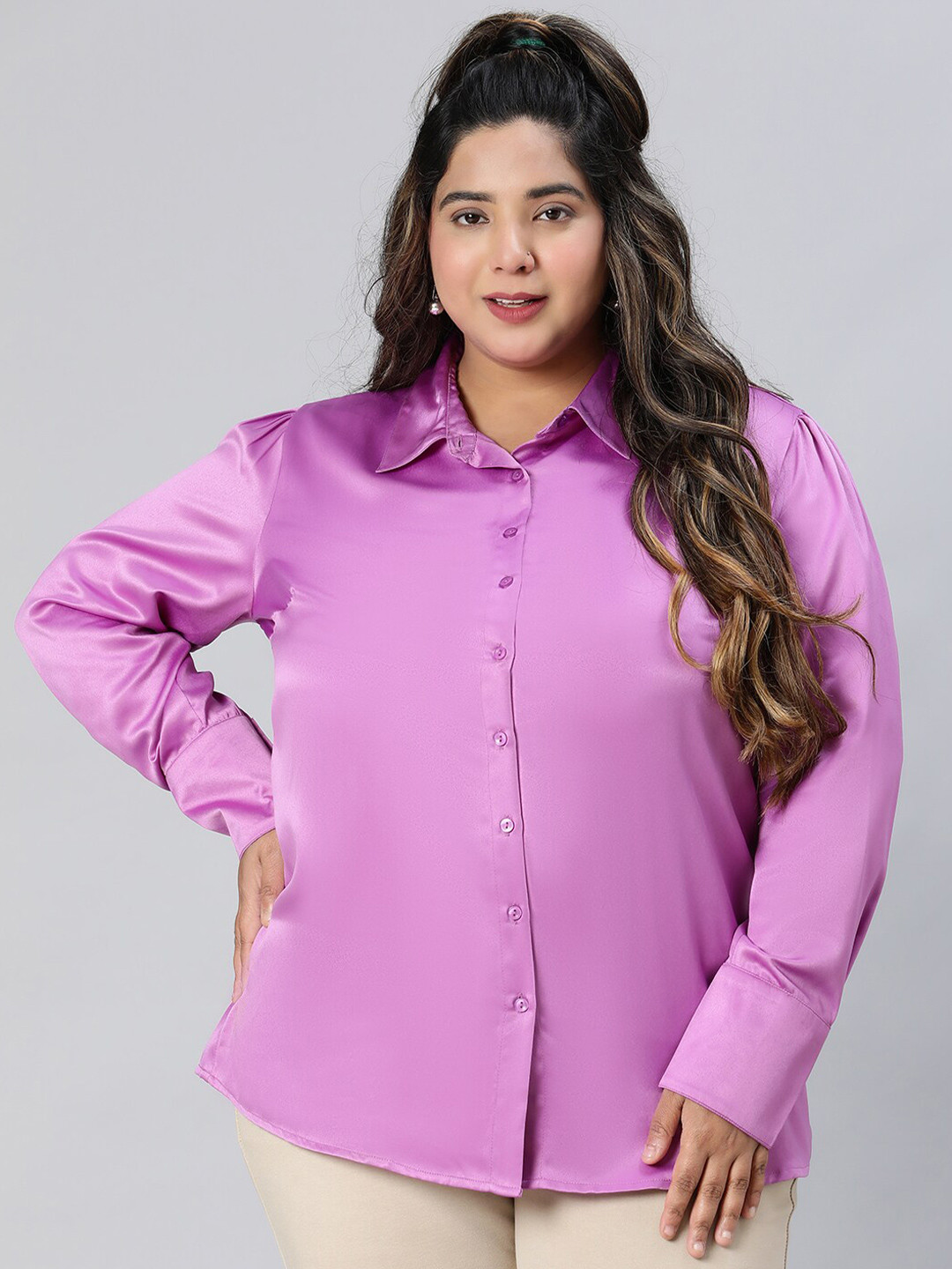 Oxolloxo Plus Size Relaxed Solid Purple Collared Long Sleeves Wrinkle Free Casual Shirt