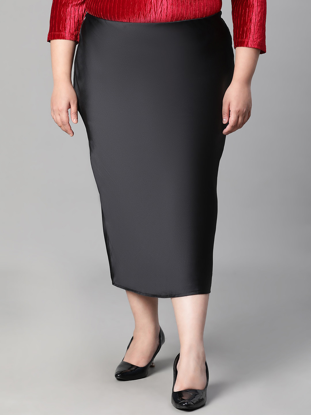 Oxolloxo Plus Size Satin Pencil Midi Skirts