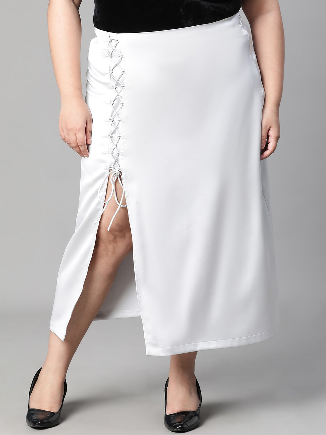 Oxolloxo Plus Size Zig-zag String Detailed Plus Size Satin Midi Skirt