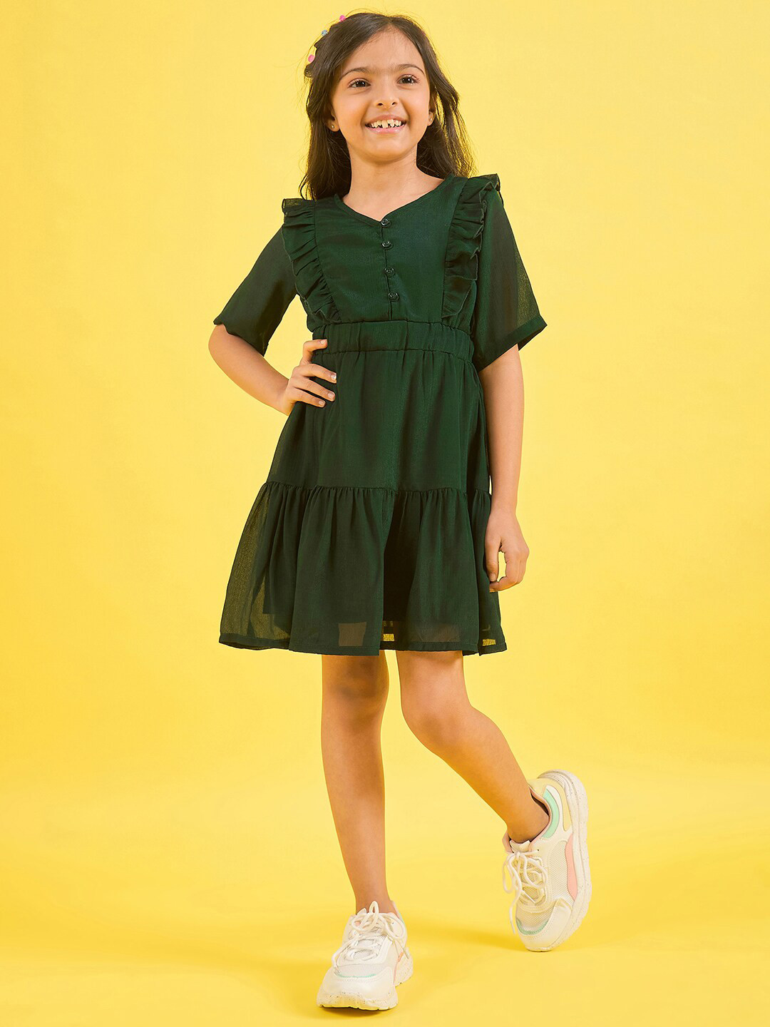 Stylo Bug Girls V-Neck Ruffled Chiffon Tiered Fit & Flare Dress