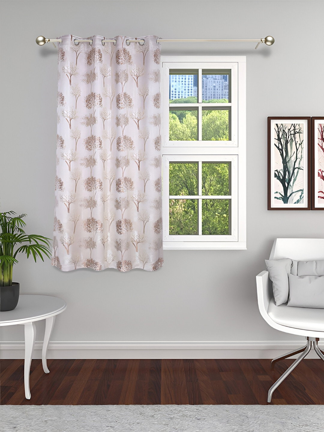 THE CONVERSION Gold Toned & White Floral Printed Room Darkening Window Curtain