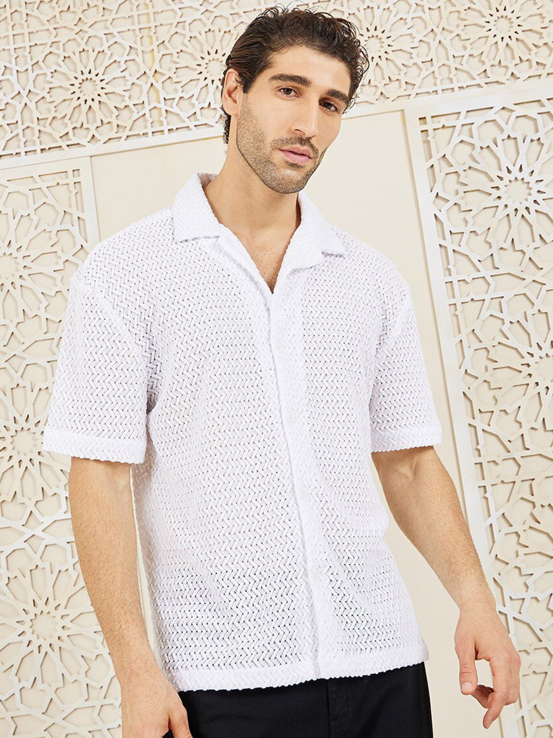 Styli White Premium Broderie Fabric Camp Collar Relaxed Fit Shirt