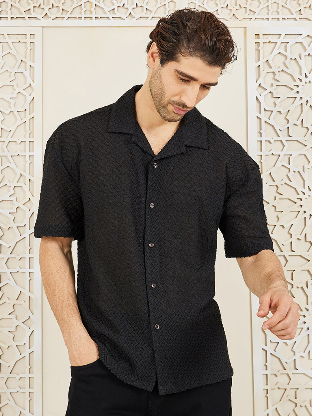 Styli Black Premium Broderie Fabric Camp Collar Relaxed Fit Shirt