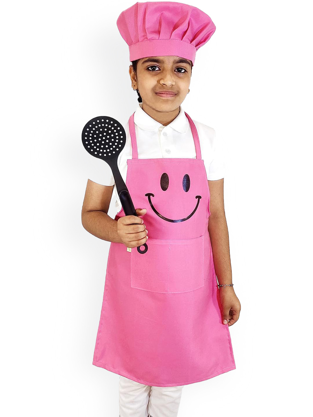 SWITCHON Kids Pink & Black Smiley Printed Waterproof Kitchen Apron with Cap