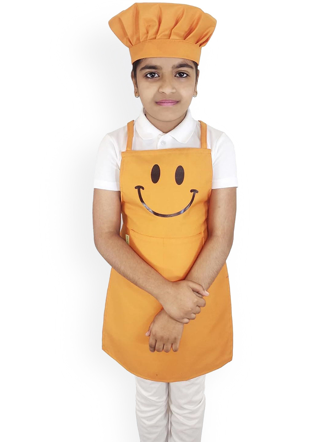 SWITCHON Kids Mustard Yellow & Black Smiley Printed Waterproof Kitchen Apron with Cap