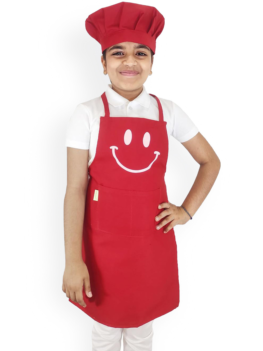 SWITCHON Kids Red & White Smiley Printed Waterproof Kitchen Apron with Cap