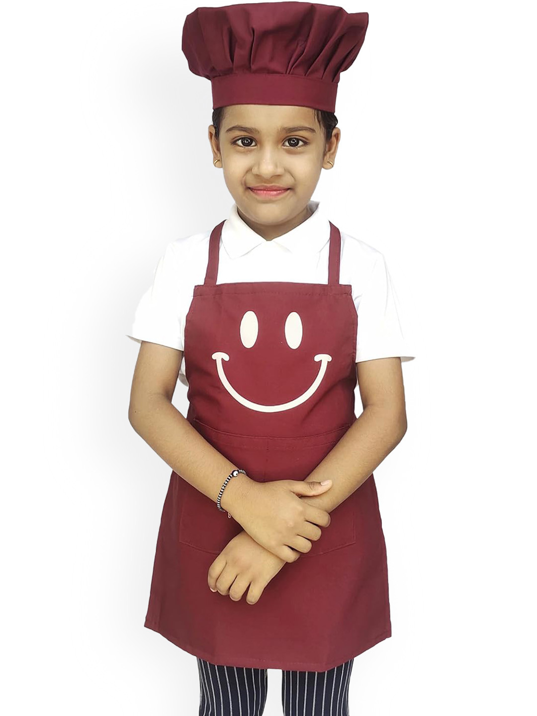 SWITCHON Kids Maroon & White Smiley Printed Waterproof Kitchen Apron with Cap