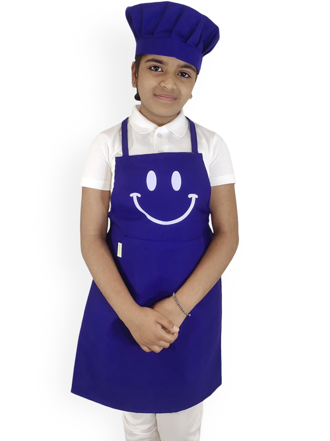 SWITCHON Kids Blue & White Smiley Printed Waterproof Kitchen Apron with Cap