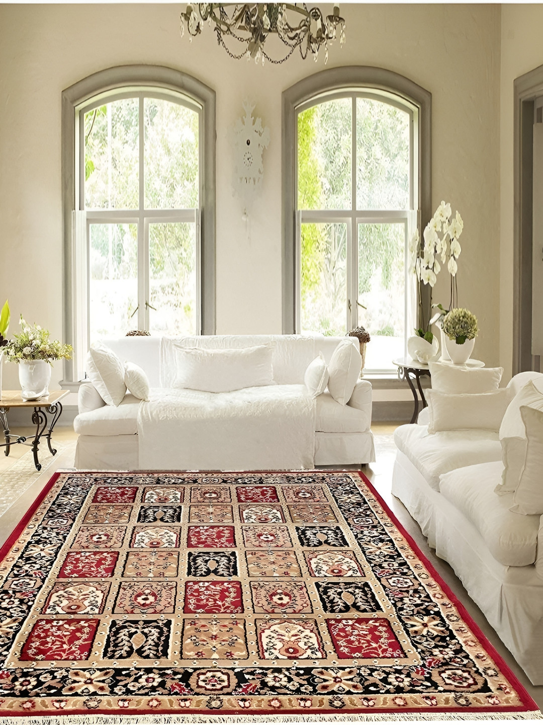 SANA CARPET Cream & Red  Floral Anti-Skid Polyester Carpet