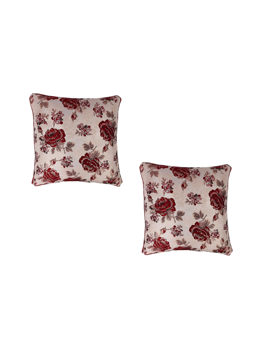 TANLOOMS Beige & Maroon 2Pcs Floral Square Cushion Covers