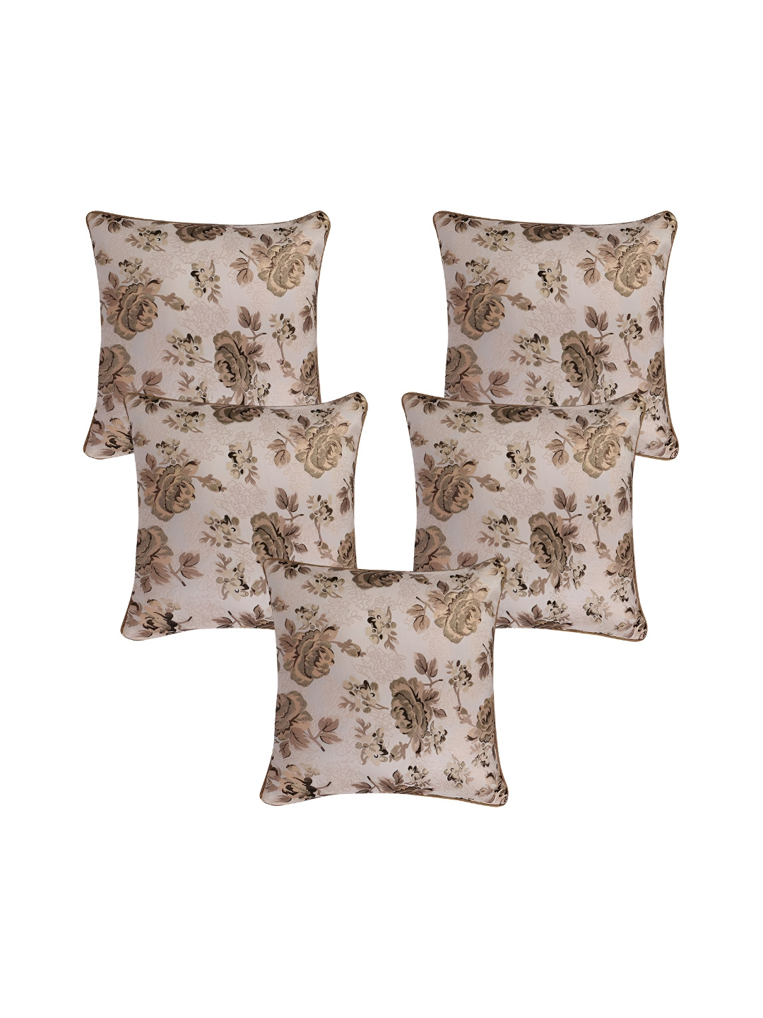 TANLOOMS Gold-Toned & Brown 5Pcs Floral Square Cushion Covers