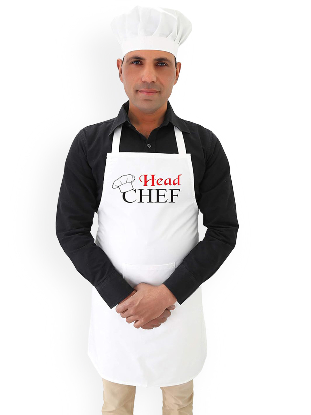SWITCHON White & Red Head Chef Printed Kitchen Apron with Pocket & Elasticated Cap