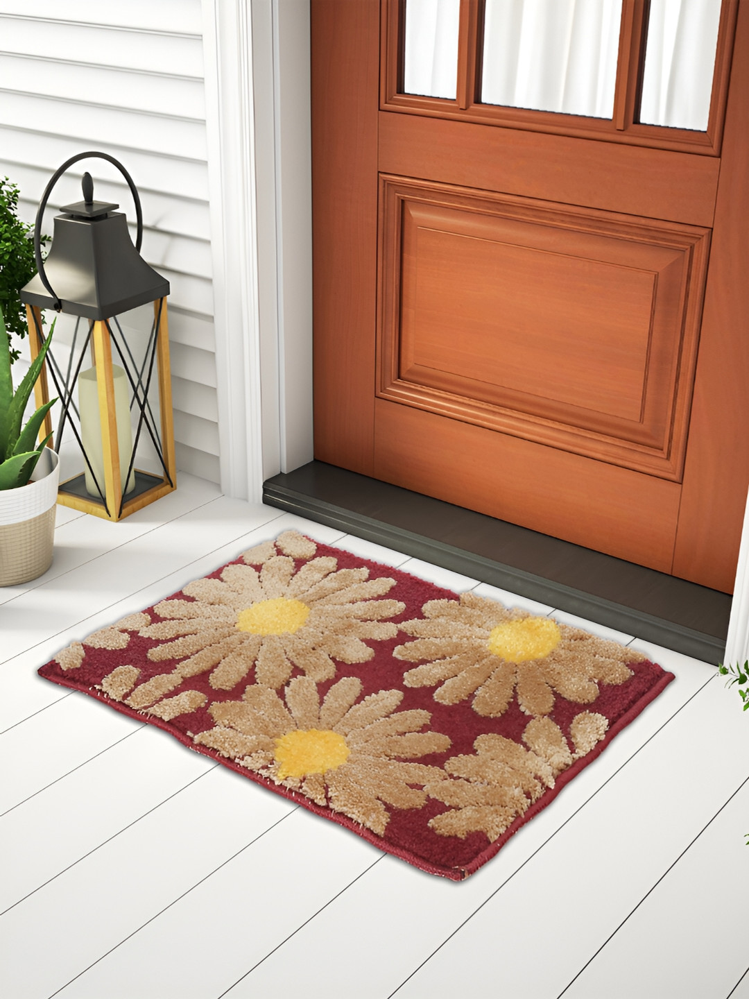 FABINALIV Rust Brown & Beige Floral Anti-Skid Doormat