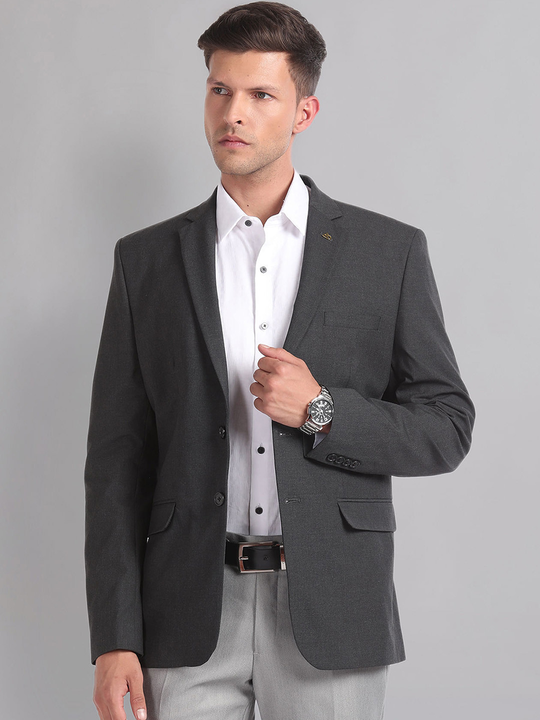 AD By Arvind Self Design Single Breasted Notched Lapel Heathered Formal Blazer