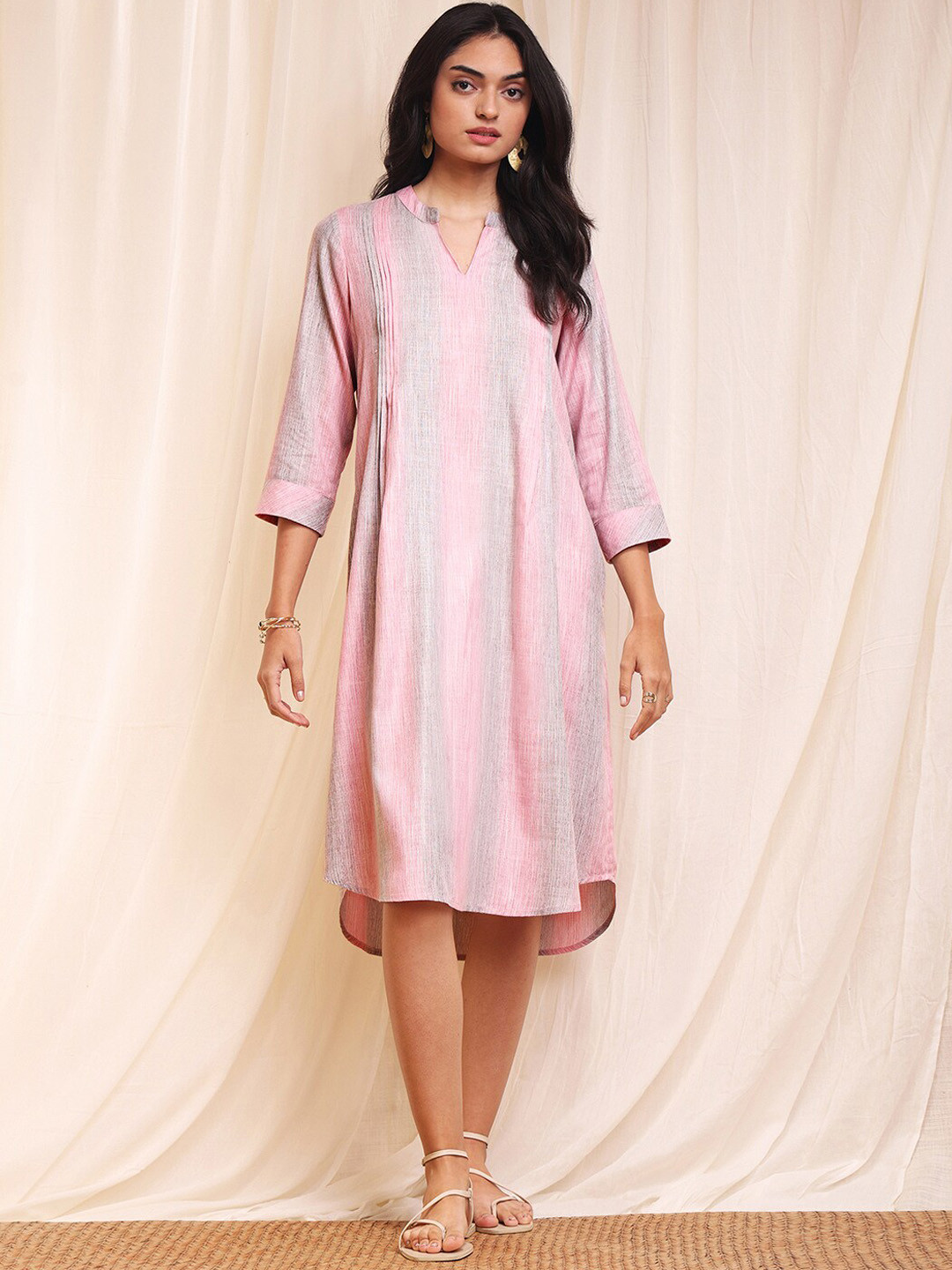 Pink Fort Striped Pleated A-Line Dress