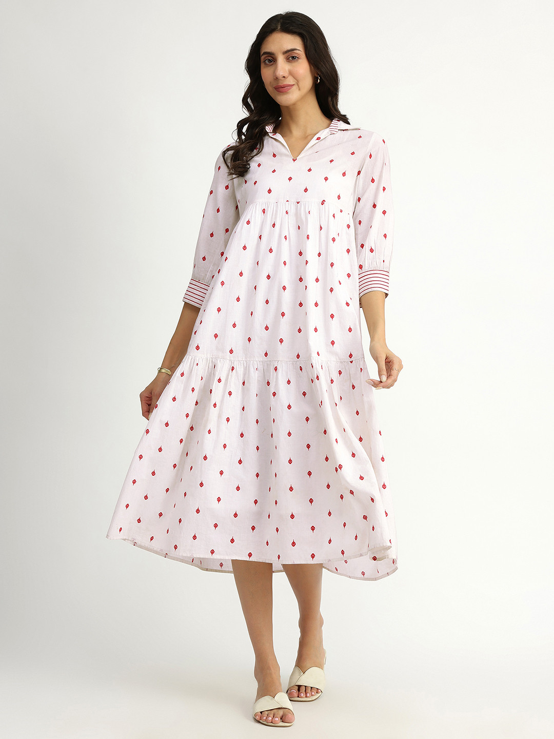 Pink Fort Floral Printed Shirt Collar Tiered Cotton A-Line Dress