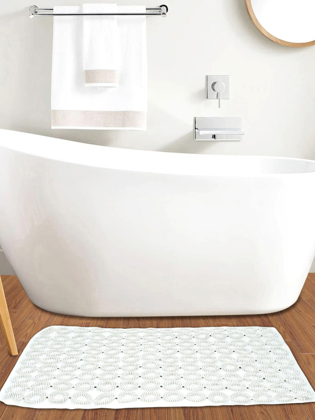 FABINALIV White Geometric Anti-Skid Shower Mat with Suction Cups