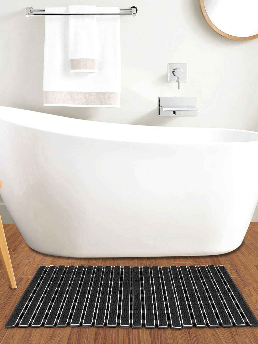 FABINALIV Black Striped Anti-Skid Rubber Shower Mat with Suction Cups