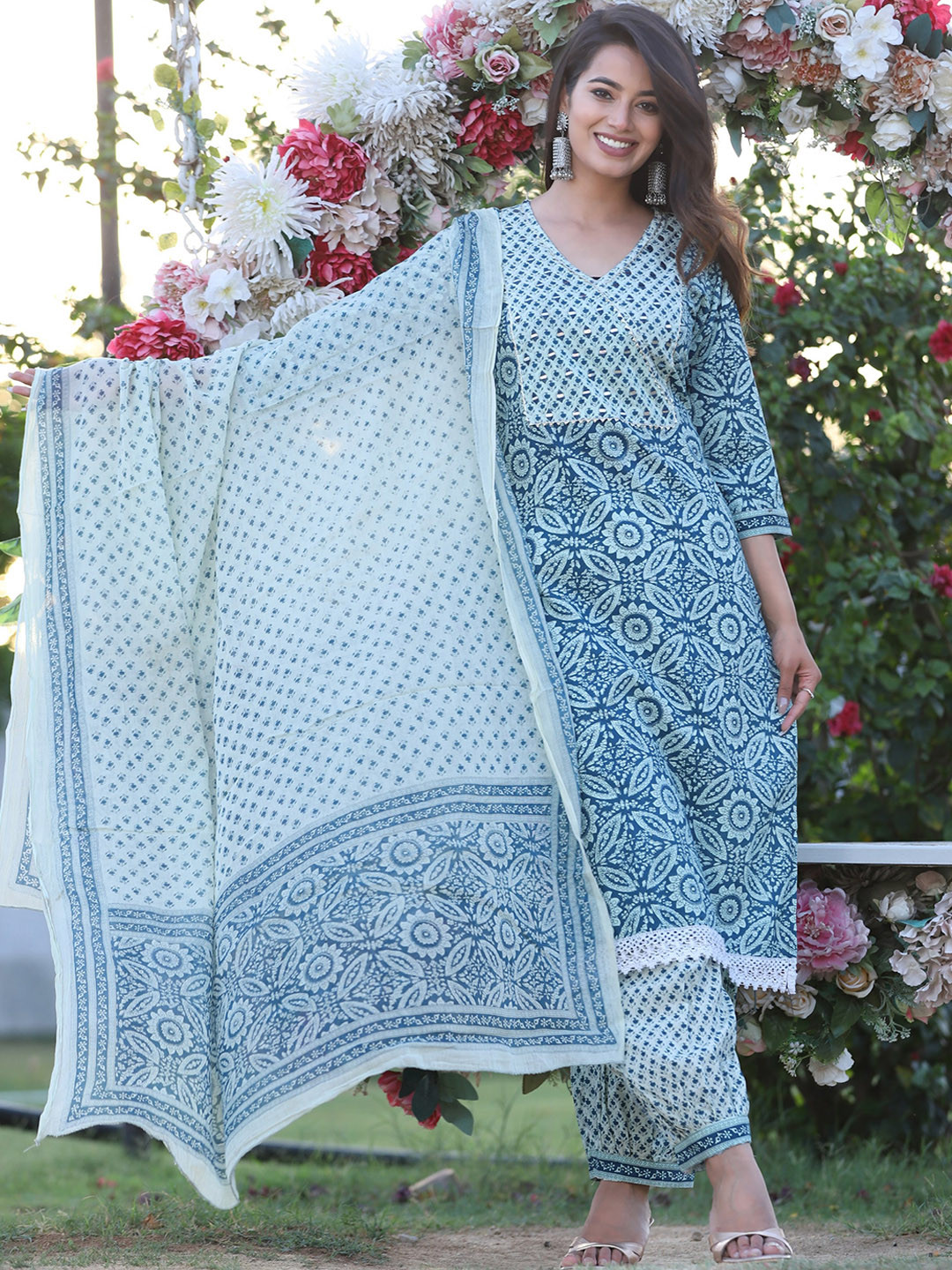 SINGNI Ethnic Motifs Printed V-Neck Three-Quarter Sleeves Pure Cotton Kurta Set