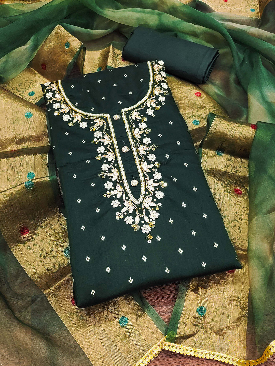 KALINI Ethnic Motif Woven Design Beads and Stones Unstitched Dress Material