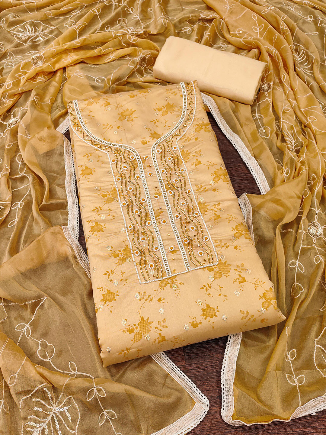 KALINI Floral Woven Designed Beads & Stones Unstitched Dress Material