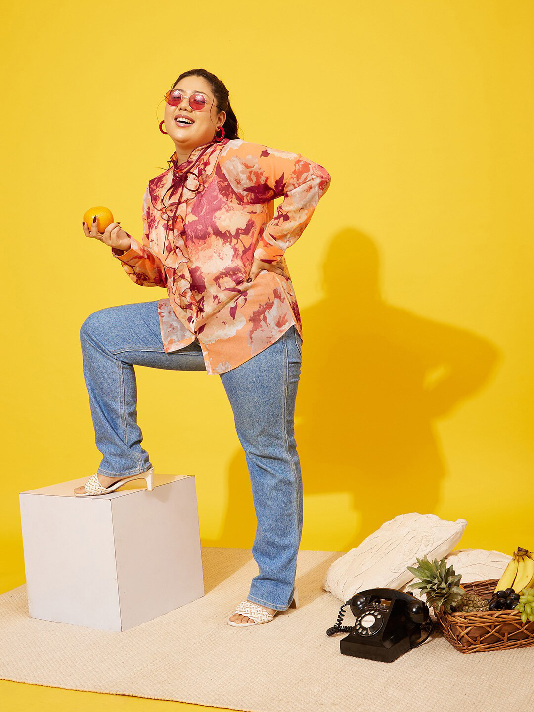 QUIERO MAS Women Sheer Plus Size Abstract Printed Ruffled Casual Shirt