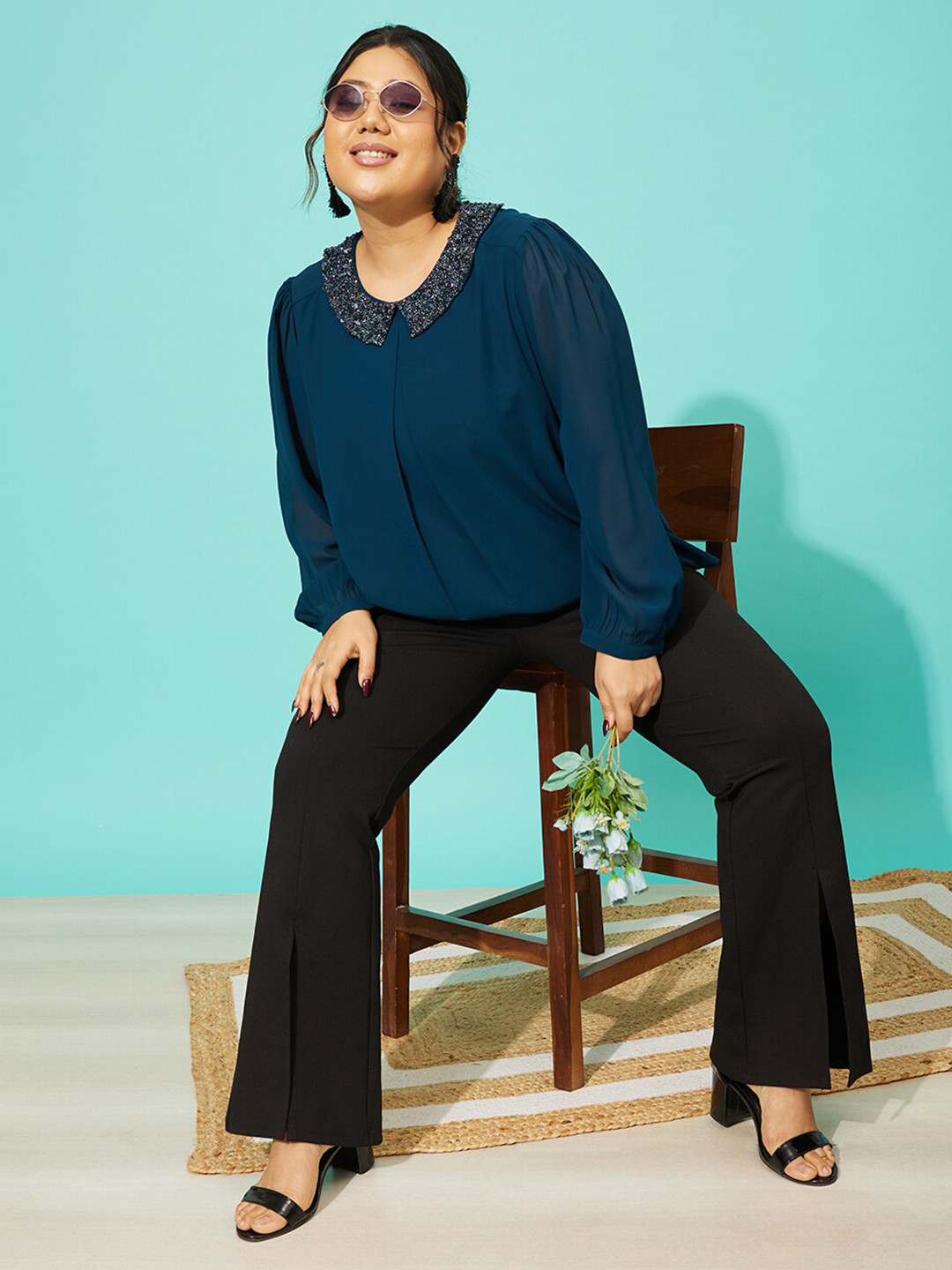 QUIERO MAS Plus Size Peter Pan Collar Cuffed Sleeves Georgette Regular Top